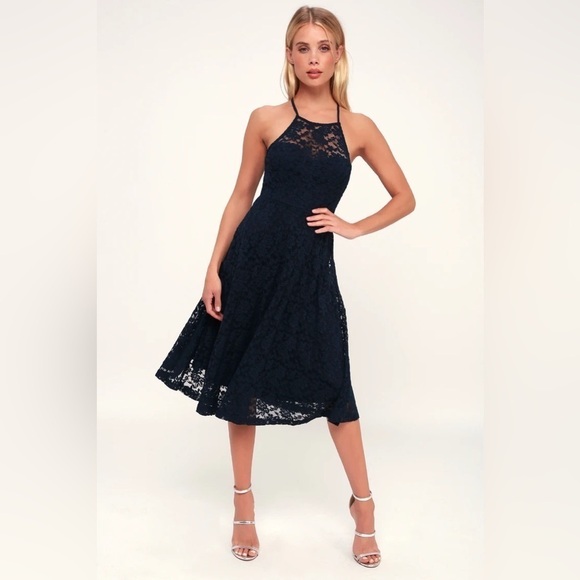 Lulus Womens Medium Navy Strappy Lace Halter Midi Dress New - Picture 5 of 9
